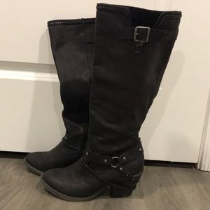 Black Faux Soft Leather Knee Length Heeled Boots